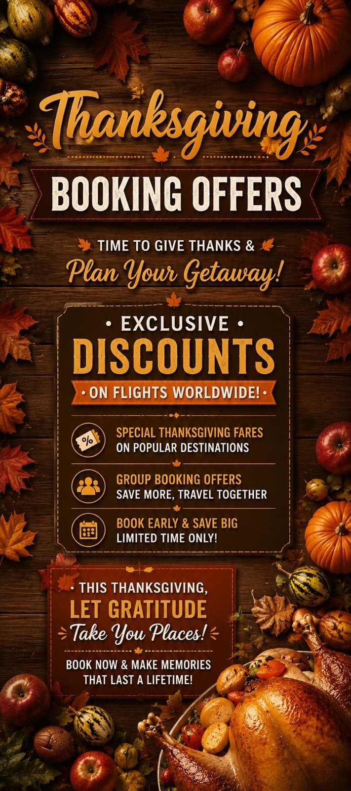 Thanksgiving booking offers — exclusive discounts on flights worldwide